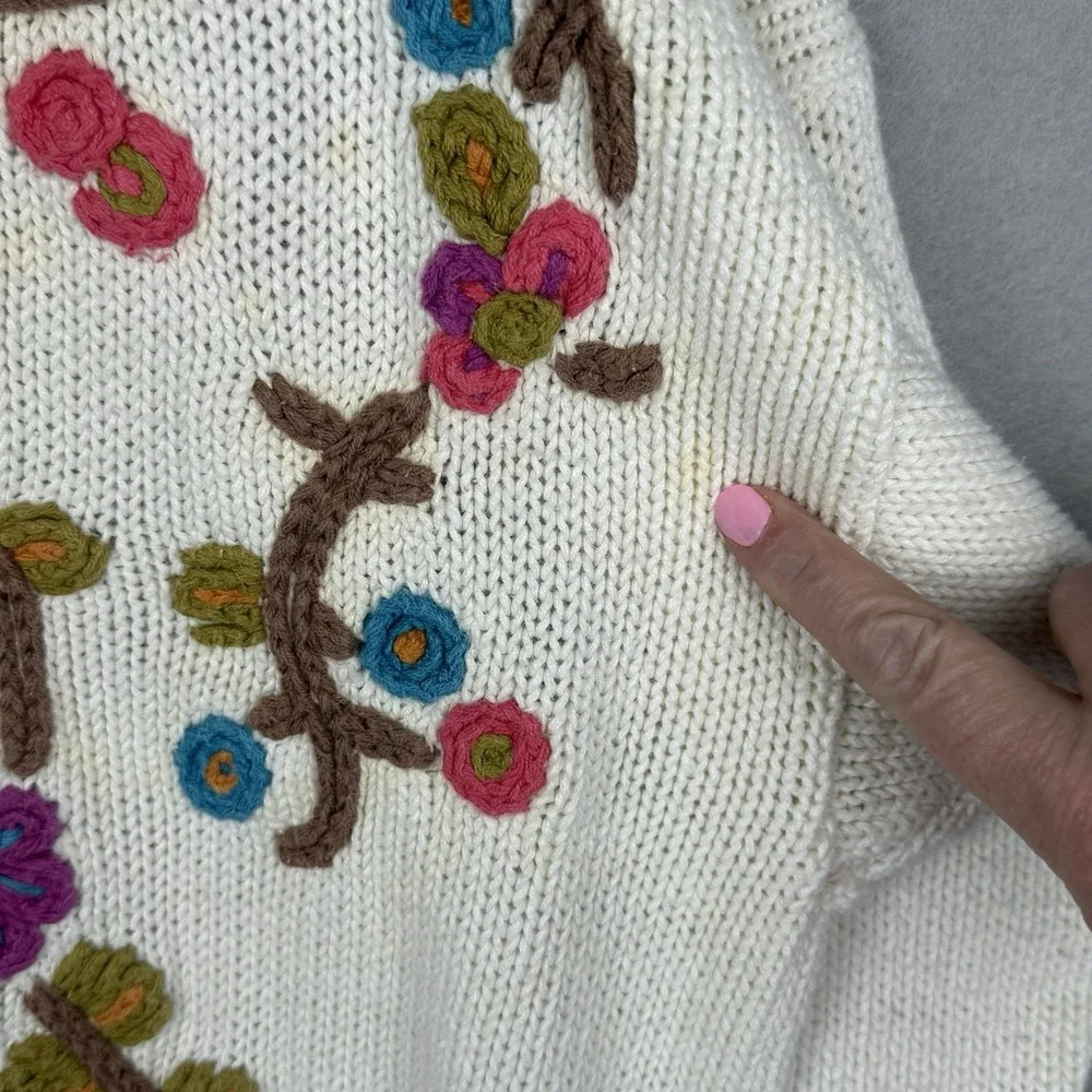Vtg Cable Knit Mock Neck Sweater Spring Floral Embroidered Grandmacore Med *read
